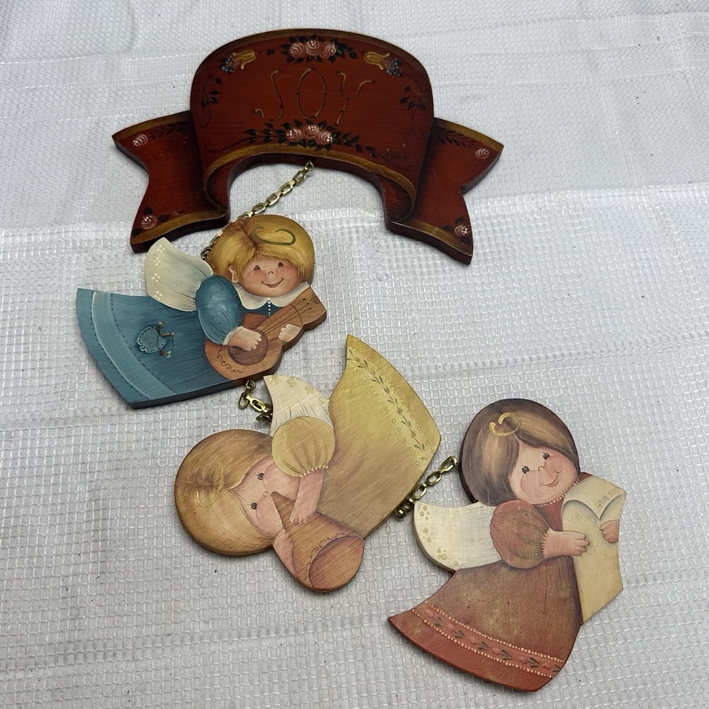 Vtg 90s Joy Wall Decor tole painted wooden musical Christmas Angel Cottagecore